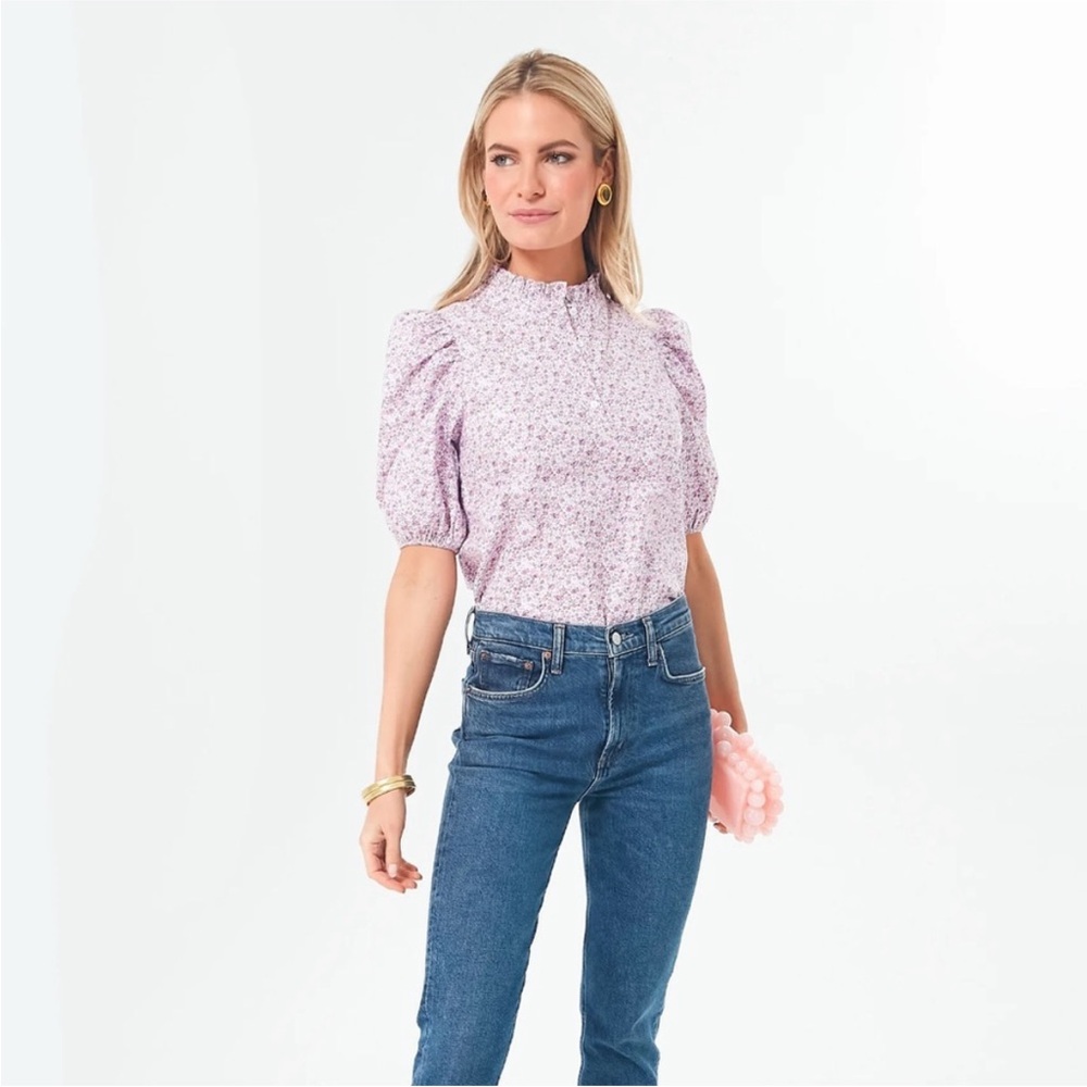 Hyacinth House Tuckernuck Puff Sleeve Blouse Lavender Floral Size XL